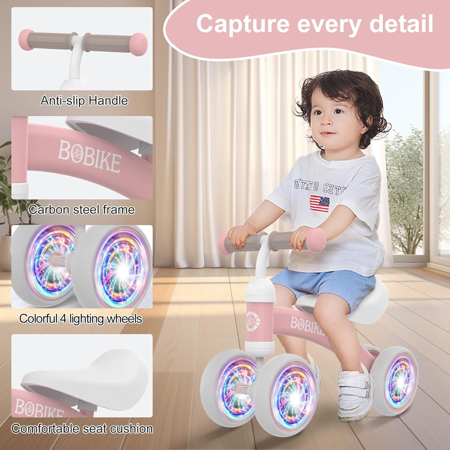 Bicicleta de equilibrio de 4 ruedas y sin pedales para bebés, niños y niñas de 12 a 36 meses, regalo de primer cumpleaños para caminante principiante (colorida, rosa claro) - Imagen 6