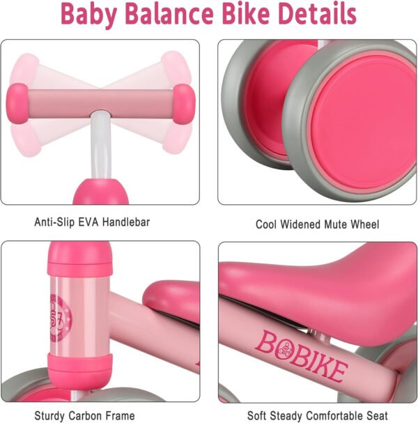 Bicicleta de equilibrio de 4 ruedas y sin pedales para bebés, niños y niñas de 12 a 36 meses, regalo de primer cumpleaños para caminante principiante (colorida, rosa claro) - Imagen 16
