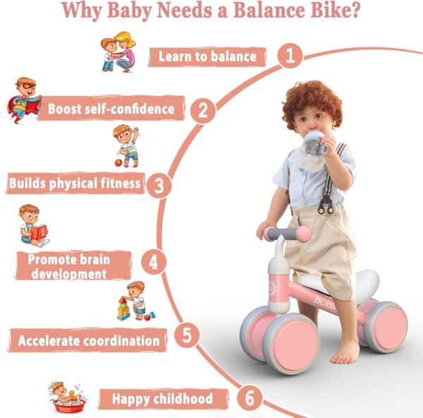 Bicicleta de equilibrio de 4 ruedas y sin pedales para bebés, niños y niñas de 12 a 36 meses, regalo de primer cumpleaños para caminante principiante (colorida, rosa claro) - Imagen 30