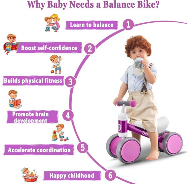 Bicicleta de equilibrio de 4 ruedas y sin pedales para bebés, niños y niñas de 12 a 36 meses, regalo de primer cumpleaños para caminante principiante (colorida, rosa claro) - Imagen 36
