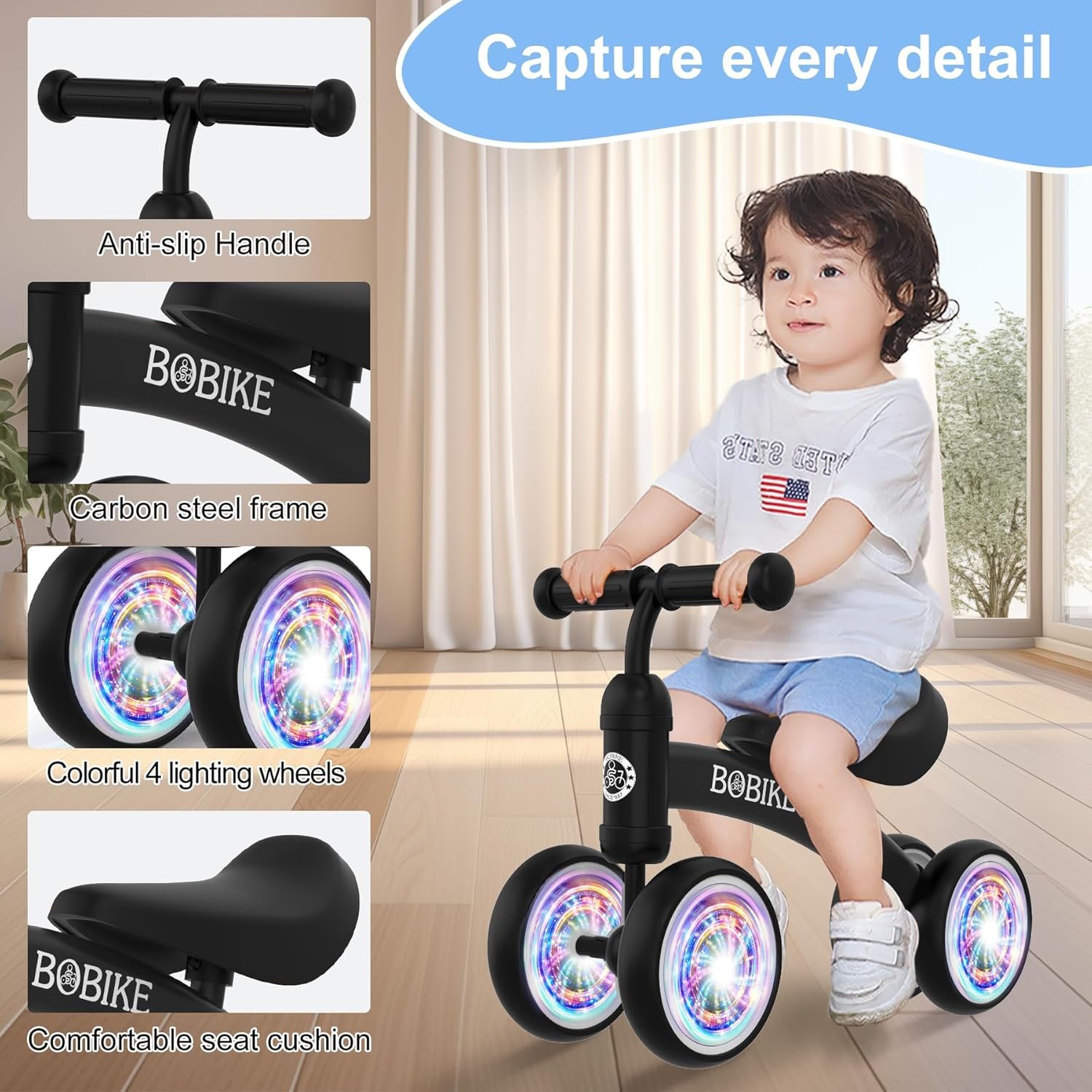 Bicicleta de equilibrio de 4 ruedas y sin pedales para bebés, niños y niñas de 12 a 36 meses, regalo de primer cumpleaños para caminante principiante (colorida, rosa claro) - Imagen 44