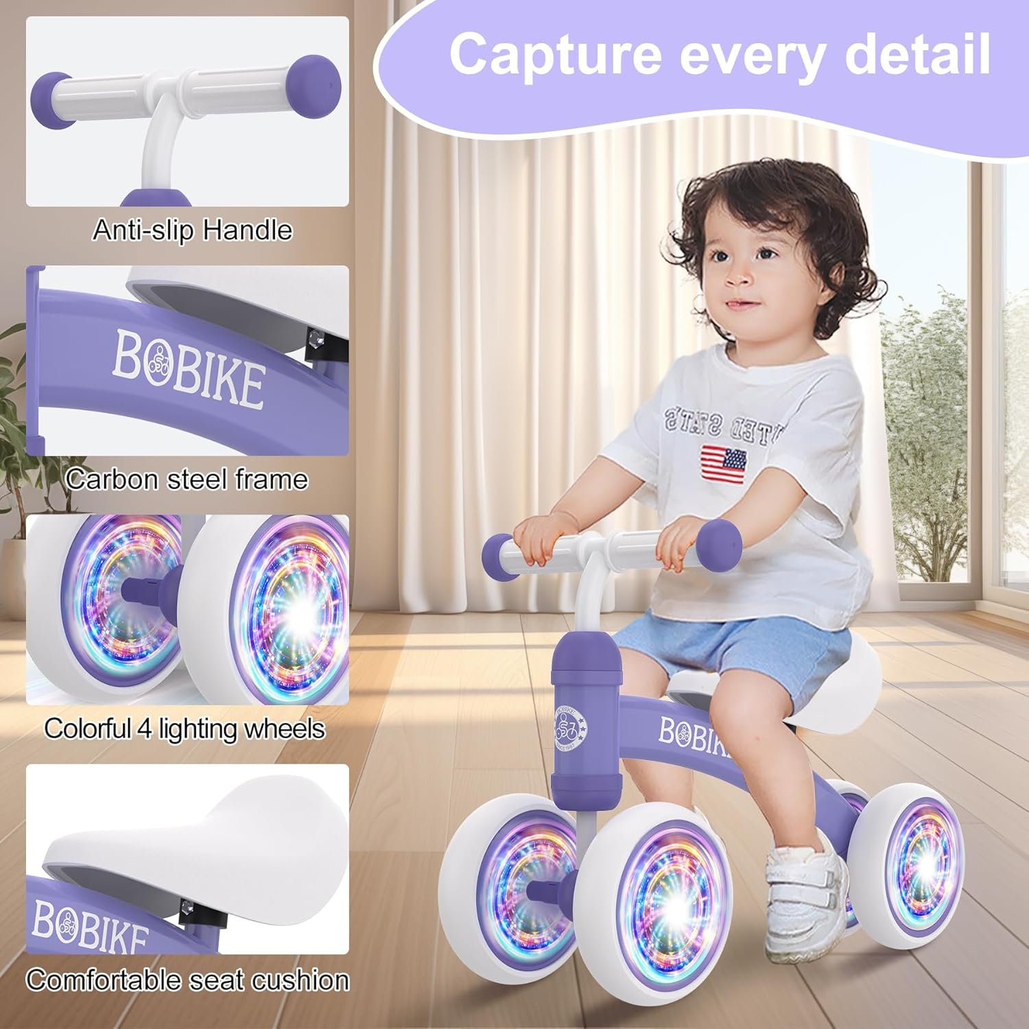 Bicicleta de equilibrio de 4 ruedas y sin pedales para bebés, niños y niñas de 12 a 36 meses, regalo de primer cumpleaños para caminante principiante (colorida, rosa claro) - Imagen 58