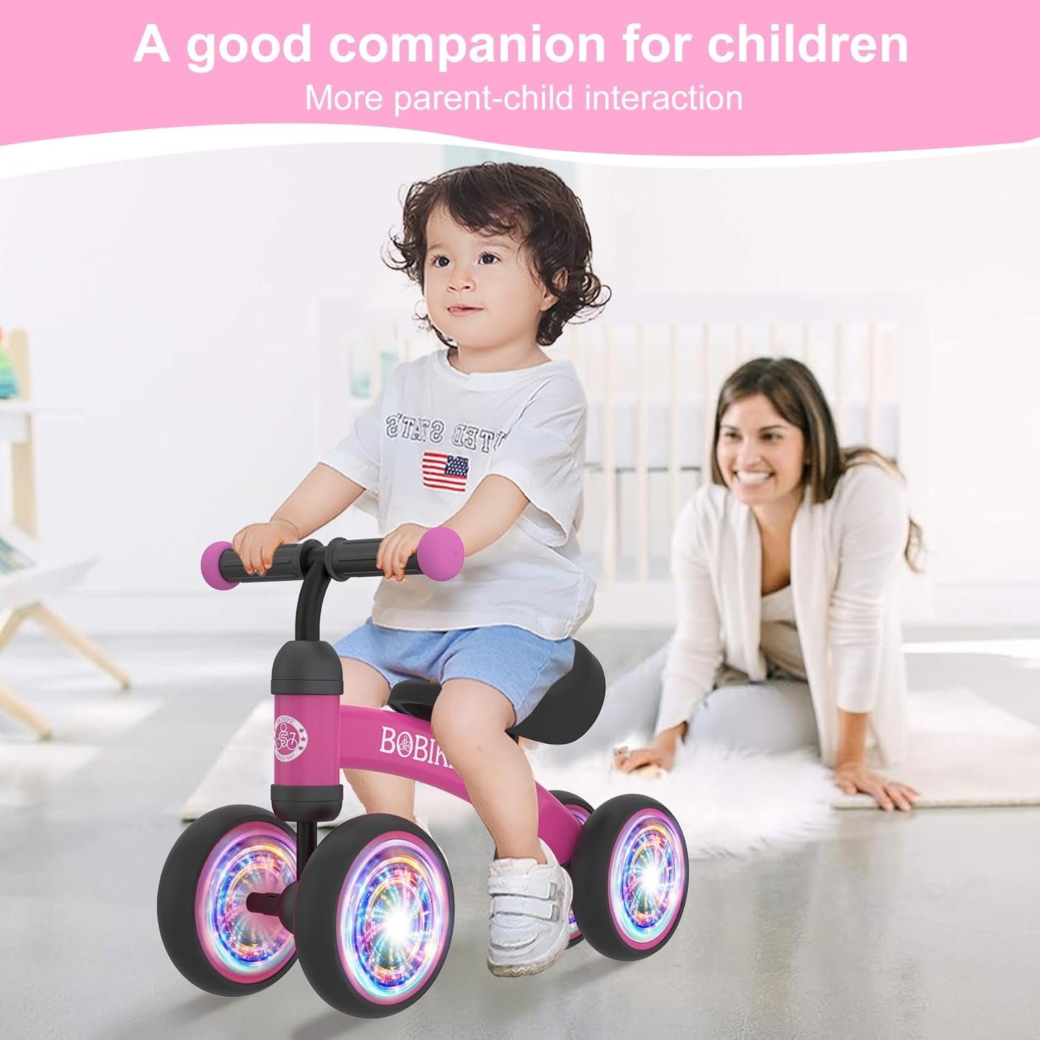 Bicicleta de equilibrio de 4 ruedas y sin pedales para bebés, niños y niñas de 12 a 36 meses, regalo de primer cumpleaños para caminante principiante (colorida, rosa claro) - Imagen 87