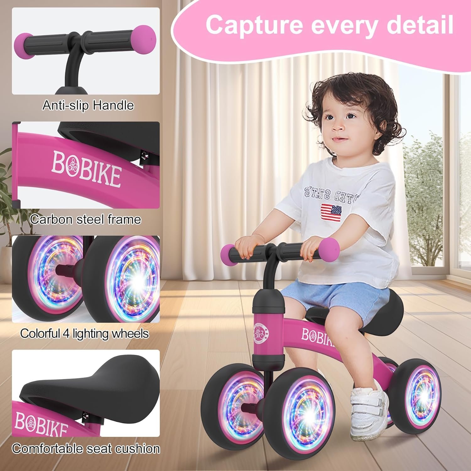 Bicicleta de equilibrio de 4 ruedas y sin pedales para bebés, niños y niñas de 12 a 36 meses, regalo de primer cumpleaños para caminante principiante (colorida, rosa claro) - Imagen 90