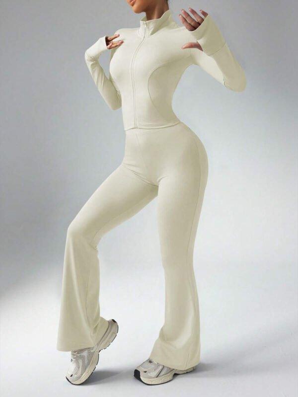 Dewbera Conjunto activo de mujer con top de manga larga de unicolor y pantalones de ajuste ceñido - Conjunto de entrenamiento de mujer - Conjunto de gimnasio para mujer - Imagen 4