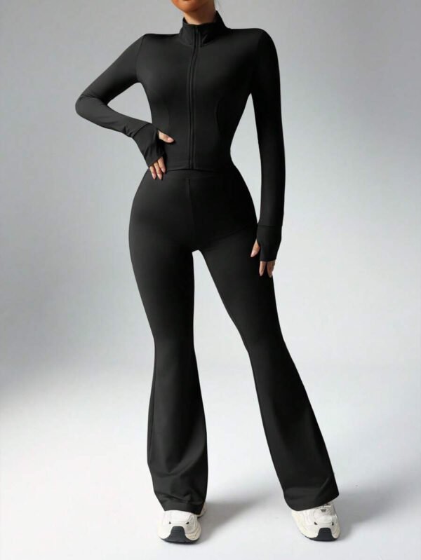 Dewbera Conjunto activo de mujer con top de manga larga de unicolor y pantalones de ajuste ceñido - Conjunto de entrenamiento de mujer - Conjunto de gimnasio para mujer - Imagen 11