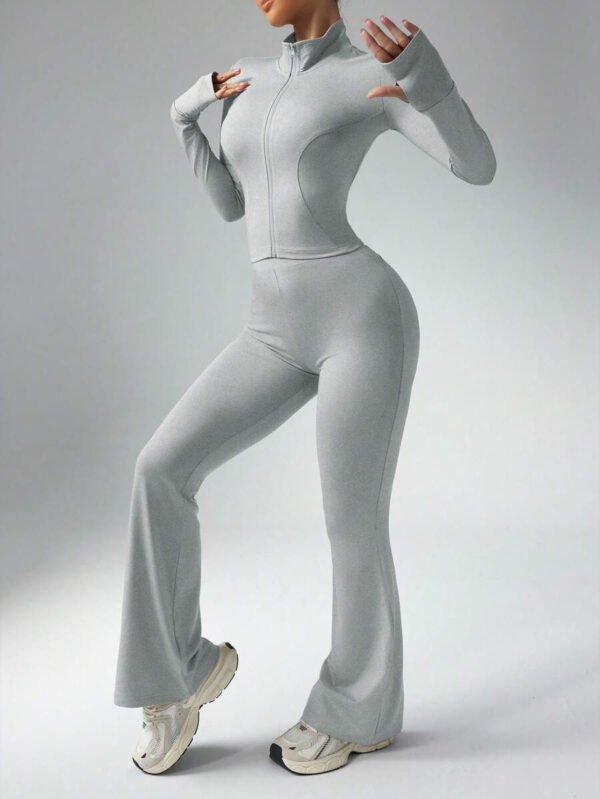 Dewbera Conjunto activo de mujer con top de manga larga de unicolor y pantalones de ajuste ceñido - Conjunto de entrenamiento de mujer - Conjunto de gimnasio para mujer - Imagen 21