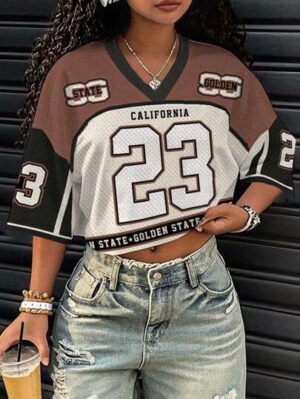 Slaydiva Camiseta holgada de manga 3/4 con cuello en V y malla, adecuada para verano y juegos deportivos