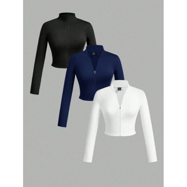 Slaydiva Set de 3 camisetas casuales de mujer con cuello en V, media cremallera y mangas largas ajustadas, en colores blanco + negro + gris