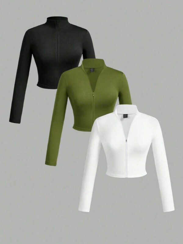 Slaydiva Set de 3 camisetas casuales de mujer con cuello en V, media cremallera y mangas largas ajustadas, en colores blanco + negro + gris - Imagen 2