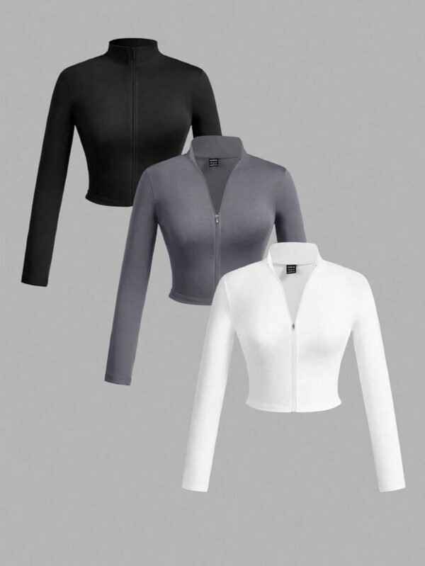Slaydiva Set de 3 camisetas casuales de mujer con cuello en V, media cremallera y mangas largas ajustadas, en colores blanco + negro + gris - Imagen 10