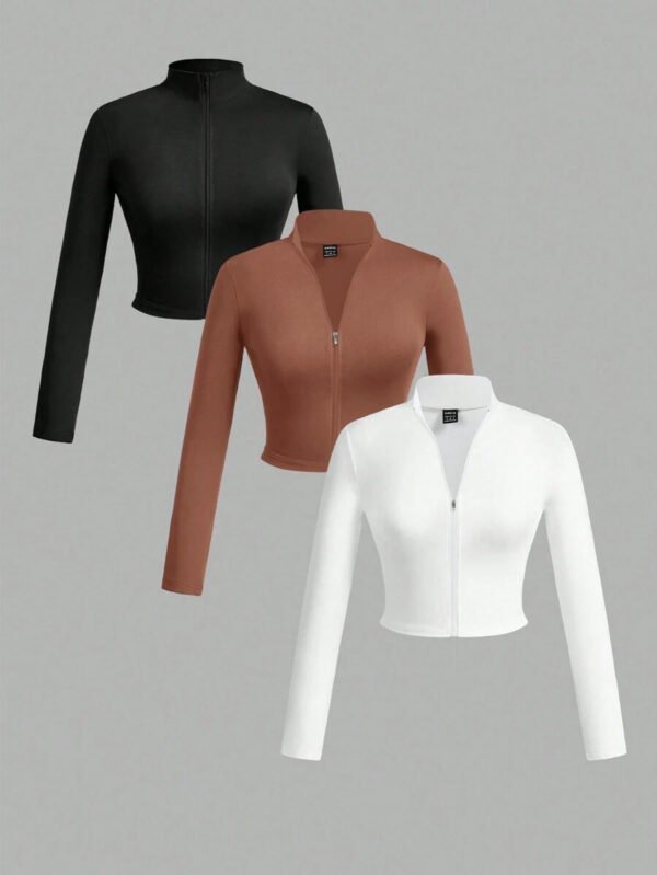 Slaydiva Set de 3 camisetas casuales de mujer con cuello en V, media cremallera y mangas largas ajustadas, en colores blanco + negro + gris - Imagen 18