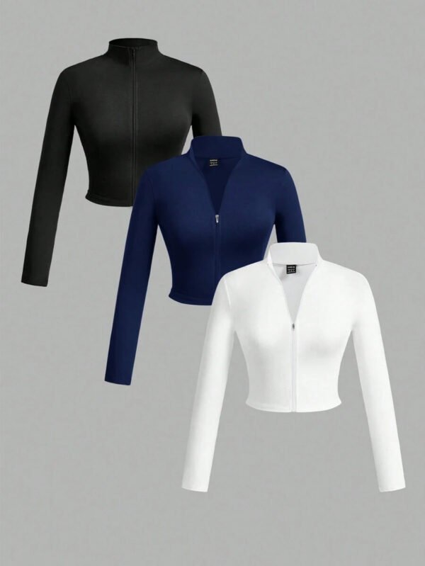 Slaydiva Set de 3 camisetas casuales de mujer con cuello en V, media cremallera y mangas largas ajustadas, en colores blanco + negro + gris - Imagen 25