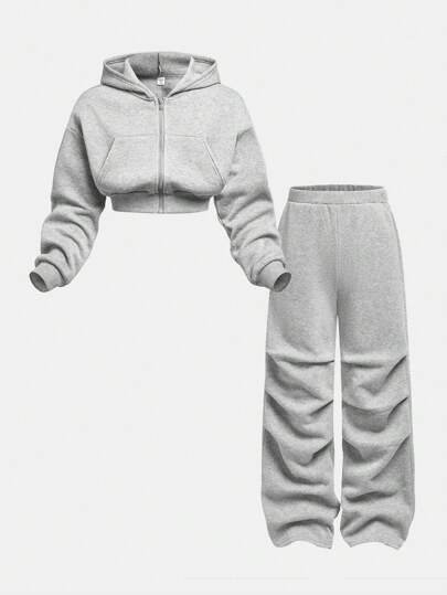Girlism Conjunto de sudadera con capucha y pantalón de chándal de punto para niña preadolescente, ropa de estar en casa informal