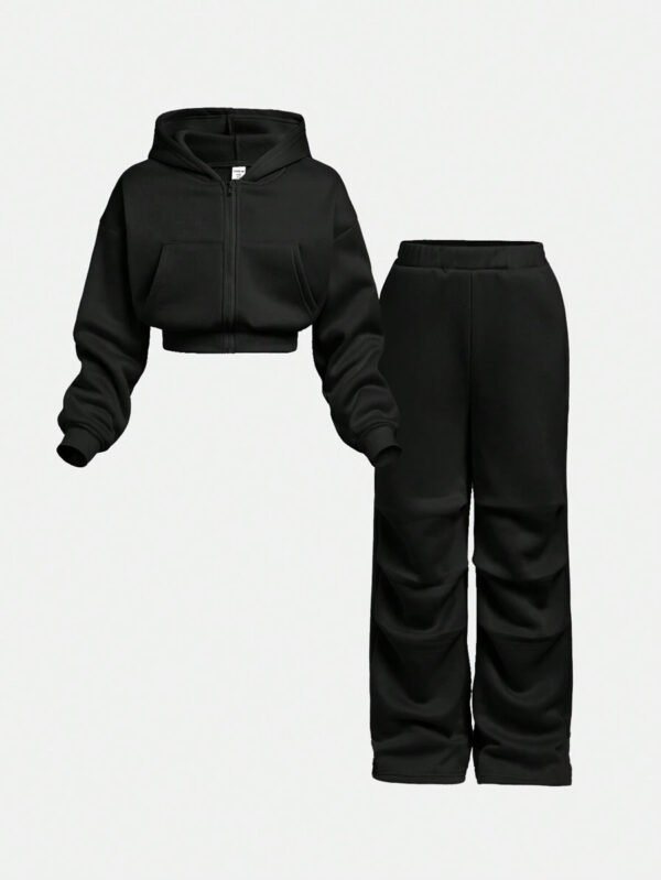 Girlism Conjunto de sudadera con capucha y pantalón de chándal de punto para niña preadolescente, ropa de estar en casa informal - Imagen 2