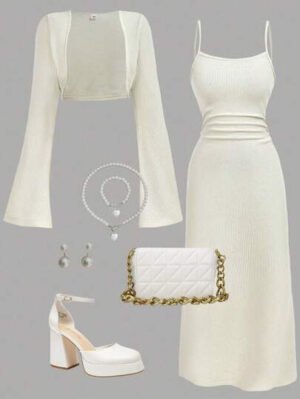 Girlism Set de 2 piezas para adolescentes: Chal de piel sintética beige y vestido ajustado, conjunto de vestir elegante y de moda para uso casual