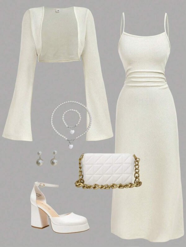 Girlism Set de 2 piezas para adolescentes: Chal de piel sintética beige y vestido ajustado, conjunto de vestir elegante y de moda para uso casual - Imagen 2