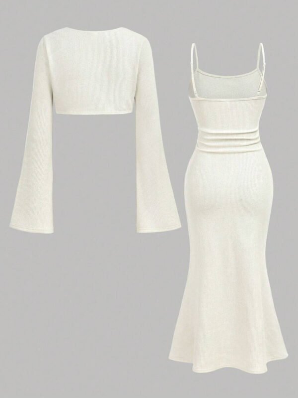 Girlism Set de 2 piezas para adolescentes: Chal de piel sintética beige y vestido ajustado, conjunto de vestir elegante y de moda para uso casual - Imagen 3