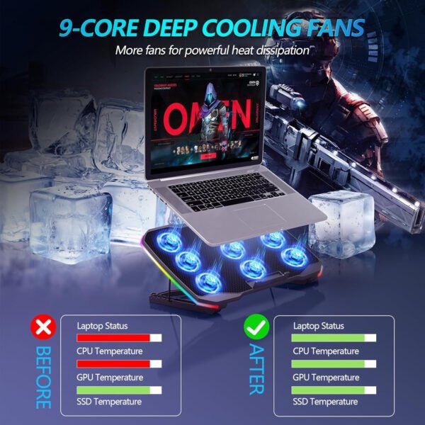 Almohadilla de enfriamiento para laptop, enfriador de laptop para juegos con 9 ventiladores silenciosos, soporte de refrigeración para laptop de 12 a 17 pulgadas, ventilador de computadora - Imagen 2