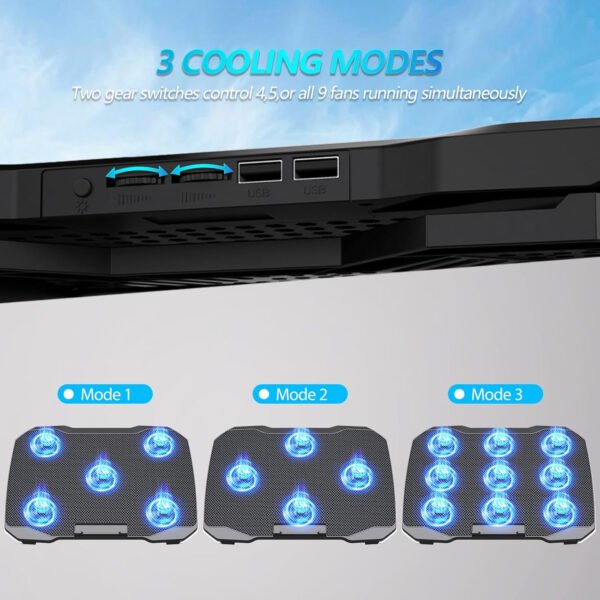 Almohadilla de enfriamiento para laptop, enfriador de laptop para juegos con 9 ventiladores silenciosos, soporte de refrigeración para laptop de 12 a 17 pulgadas, ventilador de computadora - Imagen 7