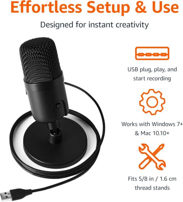 Amazon Basics Micrófono de condensador USB para transmisión, grabación y podcasting en PC, Plug and Play, recogida cardioide, soporte ajustable con rotación de 360°, 5.8 x 3.4 pulgadas, negro - Imagen 3