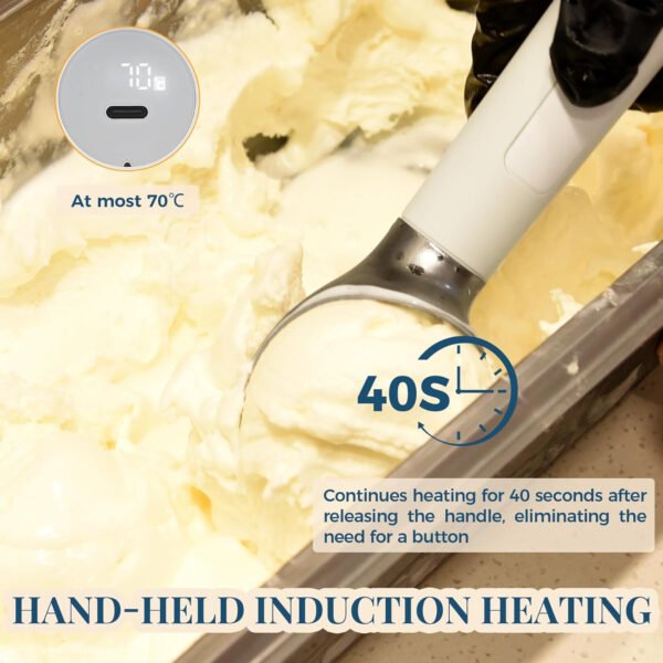 Cuchara de helado con calefacción recargable, cuchara eléctrica para helado con pantalla LED, se calienta a 158 °F para helado duro, fácil para personas mayores y niños, impermeable IP67 (blanco, 2 - Imagen 2