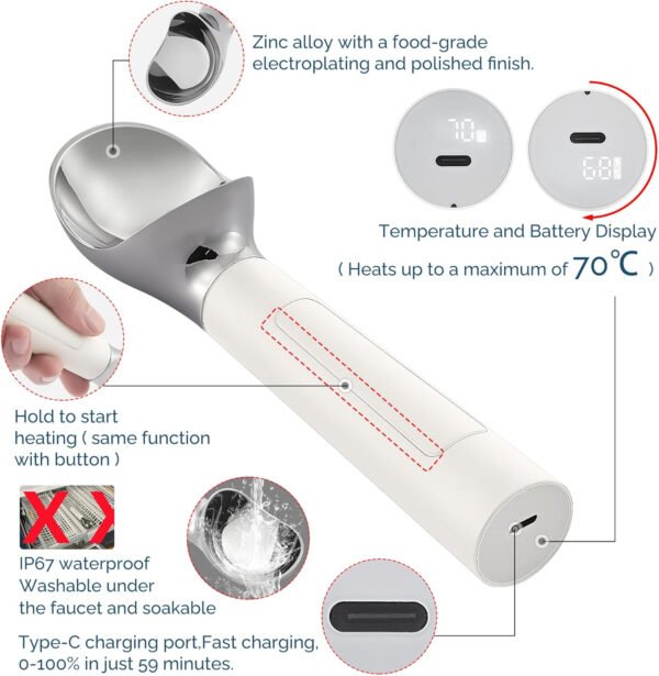 Cuchara de helado con calefacción recargable, cuchara eléctrica para helado con pantalla LED, se calienta a 158 °F para helado duro, fácil para personas mayores y niños, impermeable IP67 (blanco, 2 - Imagen 3