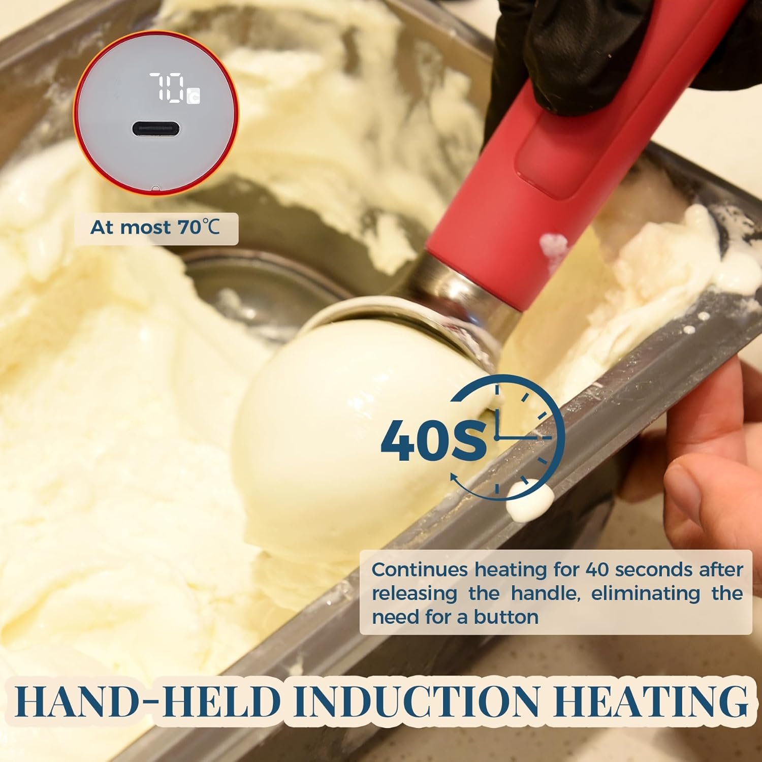 Cuchara de helado con calefacción recargable, cuchara eléctrica para helado con pantalla LED, se calienta a 158 °F para helado duro, fácil para personas mayores y niños, impermeable IP67 (blanco, 2 - Imagen 11