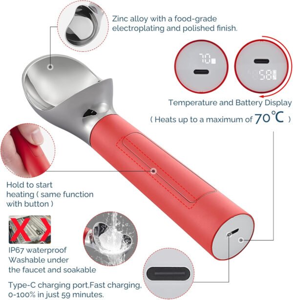 Cuchara de helado con calefacción recargable, cuchara eléctrica para helado con pantalla LED, se calienta a 158 °F para helado duro, fácil para personas mayores y niños, impermeable IP67 (blanco, 2 - Imagen 12
