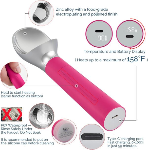 Cuchara de helado con calefacción recargable, cuchara eléctrica para helado con pantalla LED, se calienta a 158 °F para helado duro, fácil para personas mayores y niños, impermeable IP67 (blanco, 2 - Imagen 19
