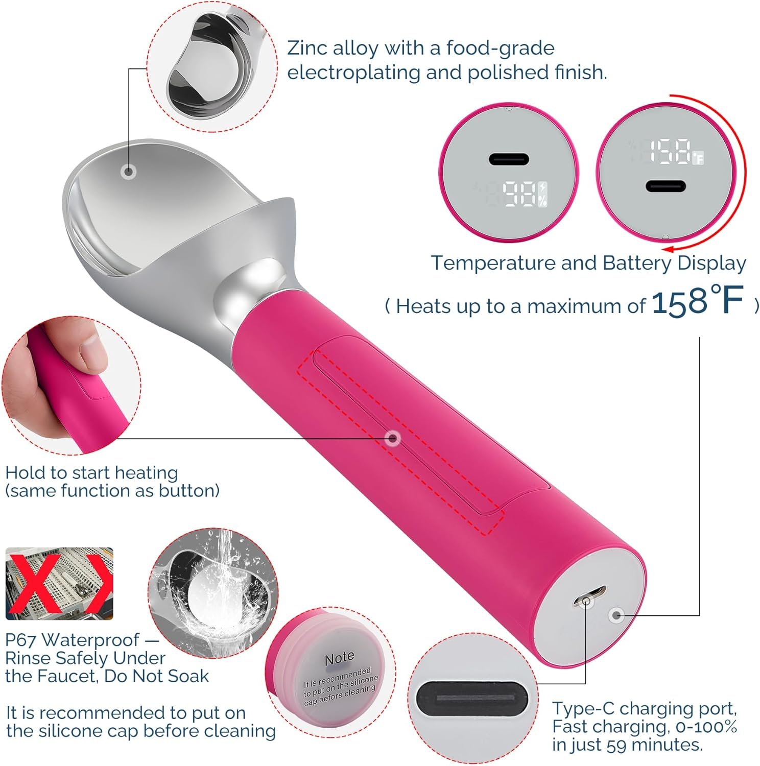 Cuchara de helado con calefacción recargable, cuchara eléctrica para helado con pantalla LED, se calienta a 158 °F para helado duro, fácil para personas mayores y niños, impermeable IP67 (blanco, 2 - Imagen 19