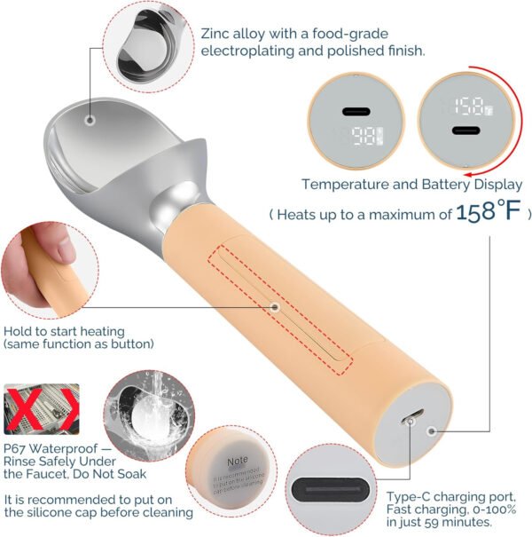 Cuchara de helado con calefacción recargable, cuchara eléctrica para helado con pantalla LED, se calienta a 158 °F para helado duro, fácil para personas mayores y niños, impermeable IP67 (blanco, 2 - Imagen 27