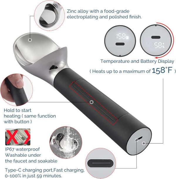Cuchara de helado con calefacción recargable, cuchara eléctrica para helado con pantalla LED, se calienta a 158 °F para helado duro, fácil para personas mayores y niños, impermeable IP67 (blanco, 2 - Imagen 34