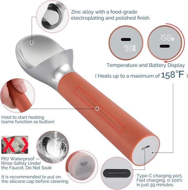 Cuchara de helado con calefacción recargable, cuchara eléctrica para helado con pantalla LED, se calienta a 158 °F para helado duro, fácil para personas mayores y niños, impermeable IP67 (blanco, 2 - Imagen 42