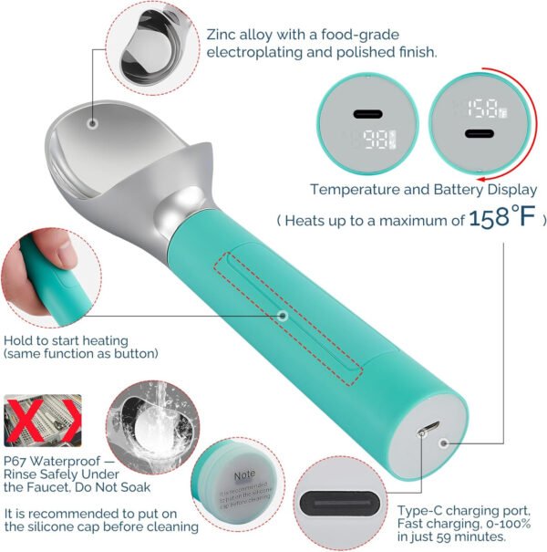 Cuchara de helado con calefacción recargable, cuchara eléctrica para helado con pantalla LED, se calienta a 158 °F para helado duro, fácil para personas mayores y niños, impermeable IP67 (blanco, 2 - Imagen 49
