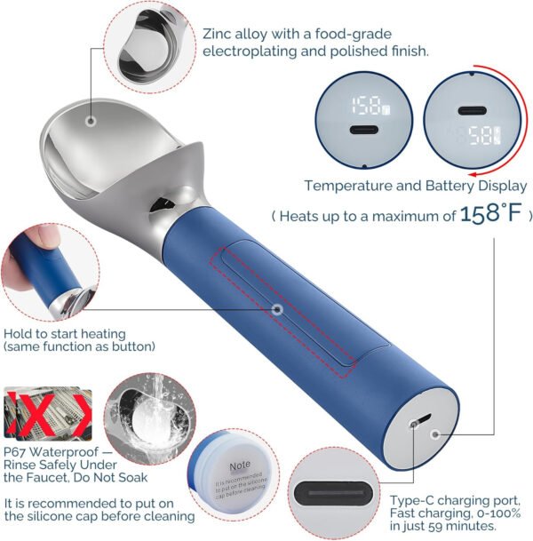 Cuchara de helado con calefacción recargable, cuchara eléctrica para helado con pantalla LED, se calienta a 158 °F para helado duro, fácil para personas mayores y niños, impermeable IP67 (blanco, 2 - Imagen 63