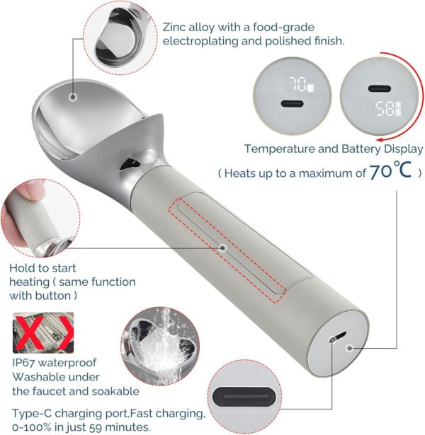 Cuchara de helado con calefacción recargable, cuchara eléctrica para helado con pantalla LED, se calienta a 158 °F para helado duro, fácil para personas mayores y niños, impermeable IP67 (blanco, 2 - Imagen 70