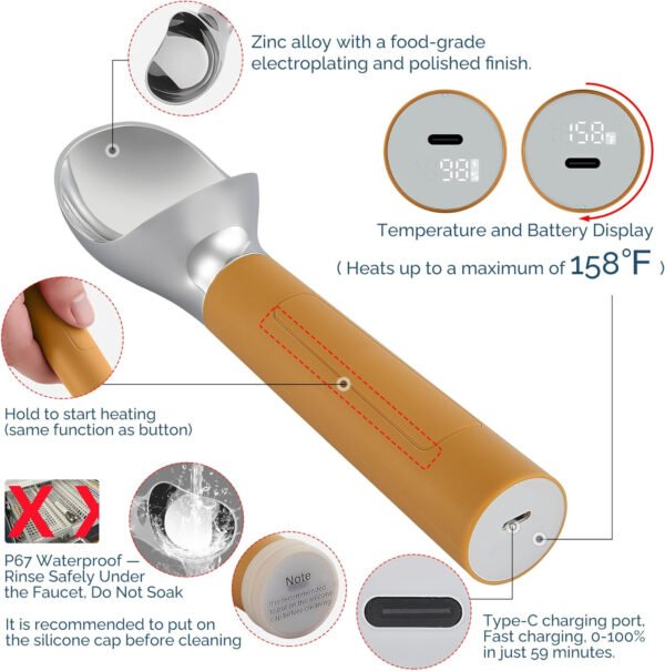 Cuchara de helado con calefacción recargable, cuchara eléctrica para helado con pantalla LED, se calienta a 158 °F para helado duro, fácil para personas mayores y niños, impermeable IP67 (blanco, 2 - Imagen 77