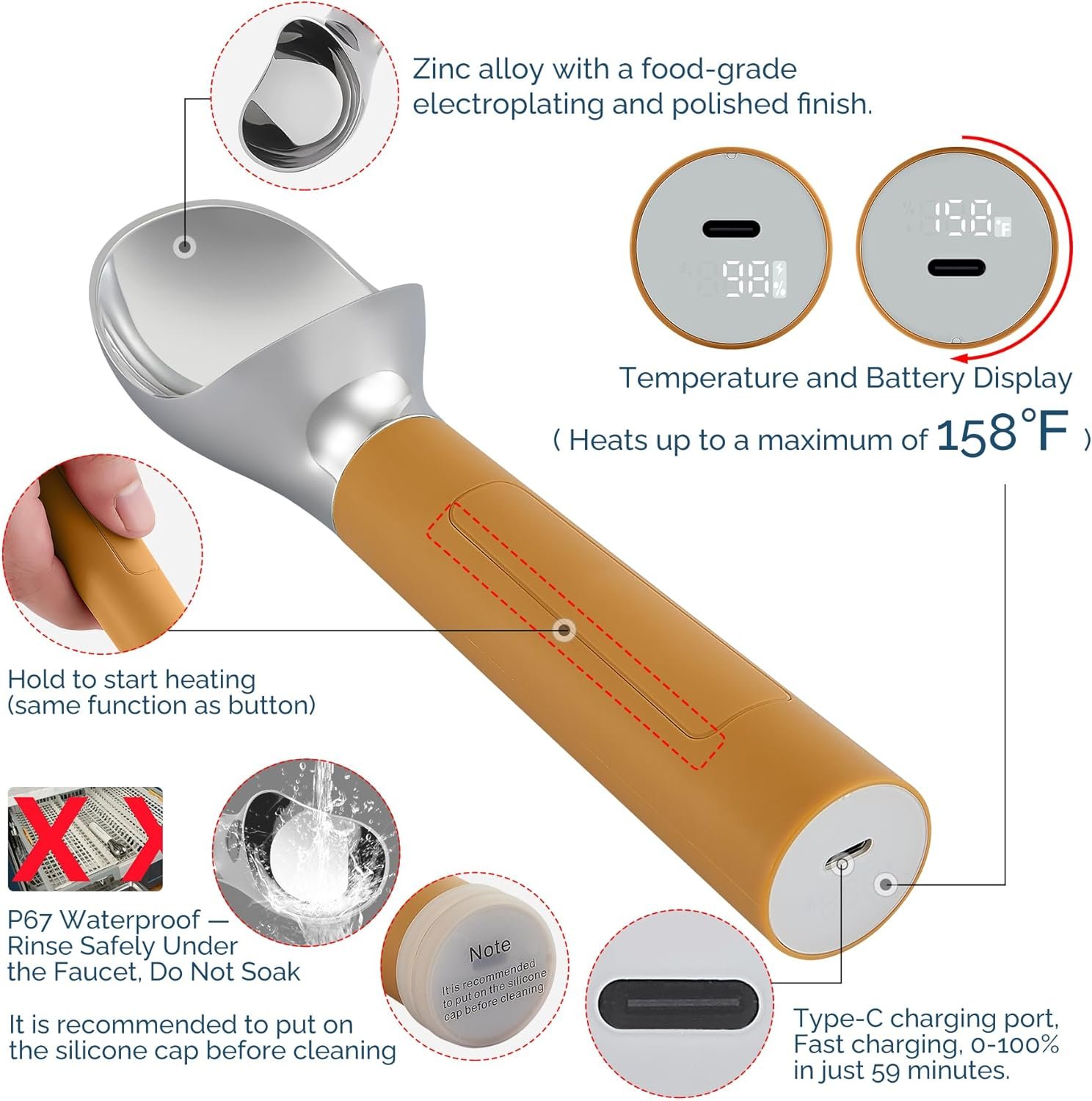 Cuchara de helado con calefacción recargable, cuchara eléctrica para helado con pantalla LED, se calienta a 158 °F para helado duro, fácil para personas mayores y niños, impermeable IP67 (blanco, 2 - Imagen 77