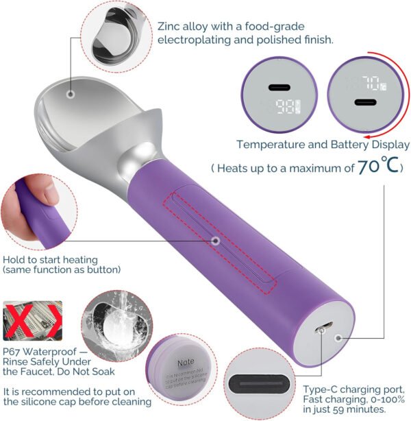 Cuchara de helado con calefacción recargable, cuchara eléctrica para helado con pantalla LED, se calienta a 158 °F para helado duro, fácil para personas mayores y niños, impermeable IP67 (blanco, 2 - Imagen 84