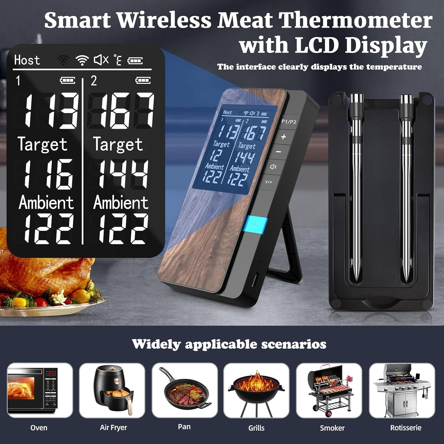 Termómetro inalámbrico para carne, múltiples sensores, termómetro digital para alimentos con sondas ultrafinas, termómetro de carne Bluetooth de precisión para barbacoa - Imagen 2