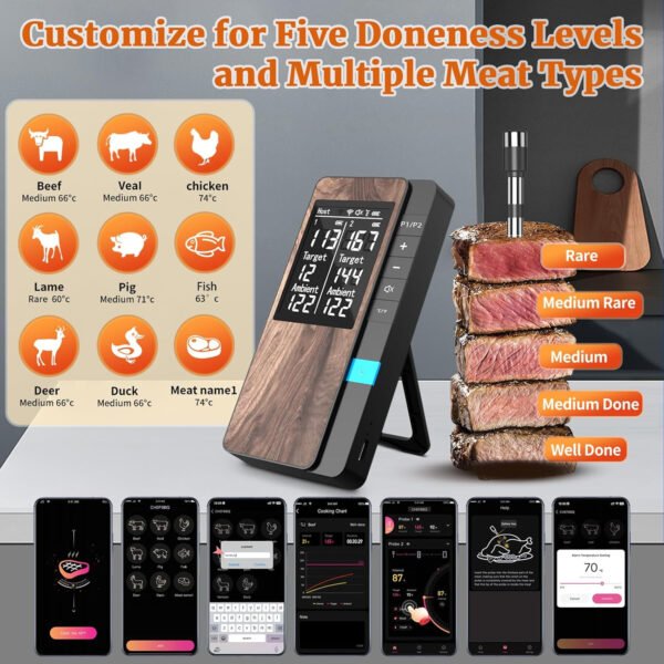 Termómetro inalámbrico para carne, múltiples sensores, termómetro digital para alimentos con sondas ultrafinas, termómetro de carne Bluetooth de precisión para barbacoa - Imagen 5