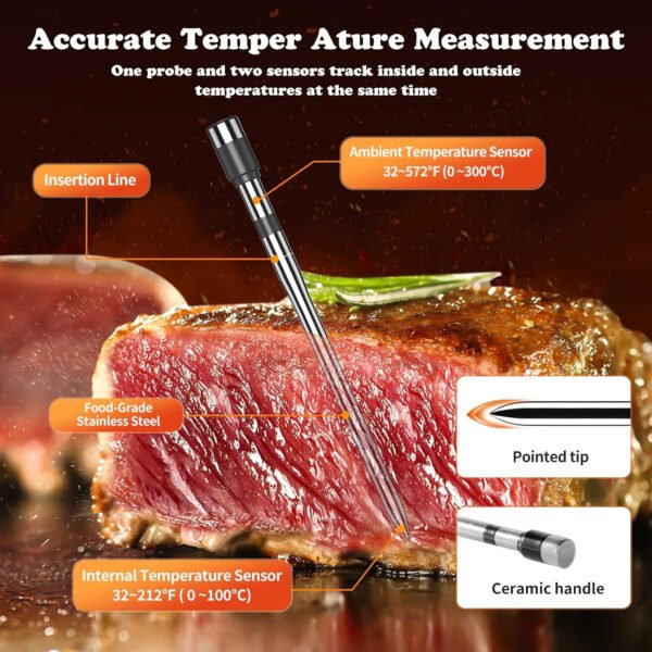 Termómetro inalámbrico para carne, múltiples sensores, termómetro digital para alimentos con sondas ultrafinas, termómetro de carne Bluetooth de precisión para barbacoa - Imagen 9