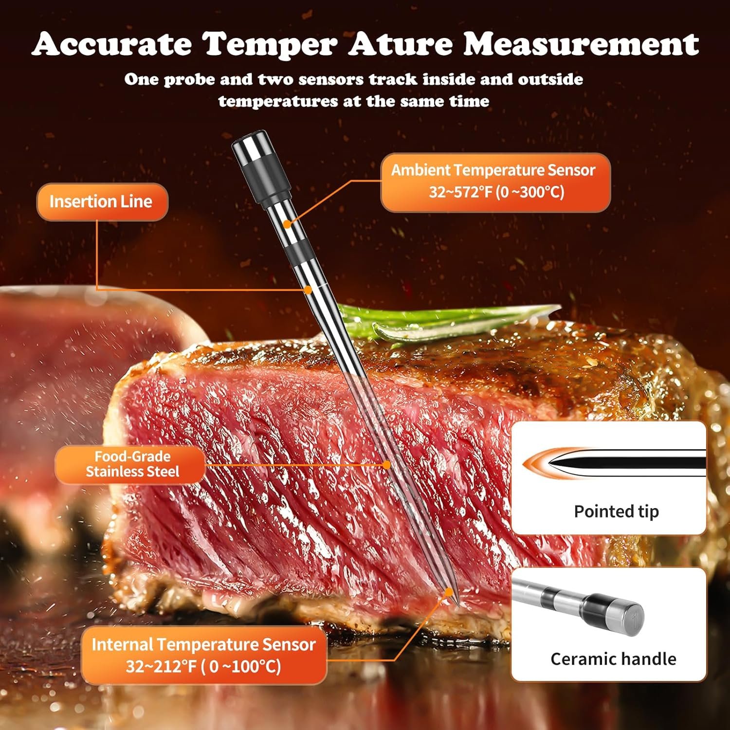 Termómetro inalámbrico para carne, múltiples sensores, termómetro digital para alimentos con sondas ultrafinas, termómetro de carne Bluetooth de precisión para barbacoa - Imagen 9
