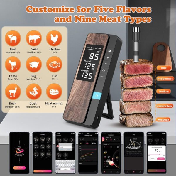 Termómetro inalámbrico para carne, múltiples sensores, termómetro digital para alimentos con sondas ultrafinas, termómetro de carne Bluetooth de precisión para barbacoa - Imagen 11
