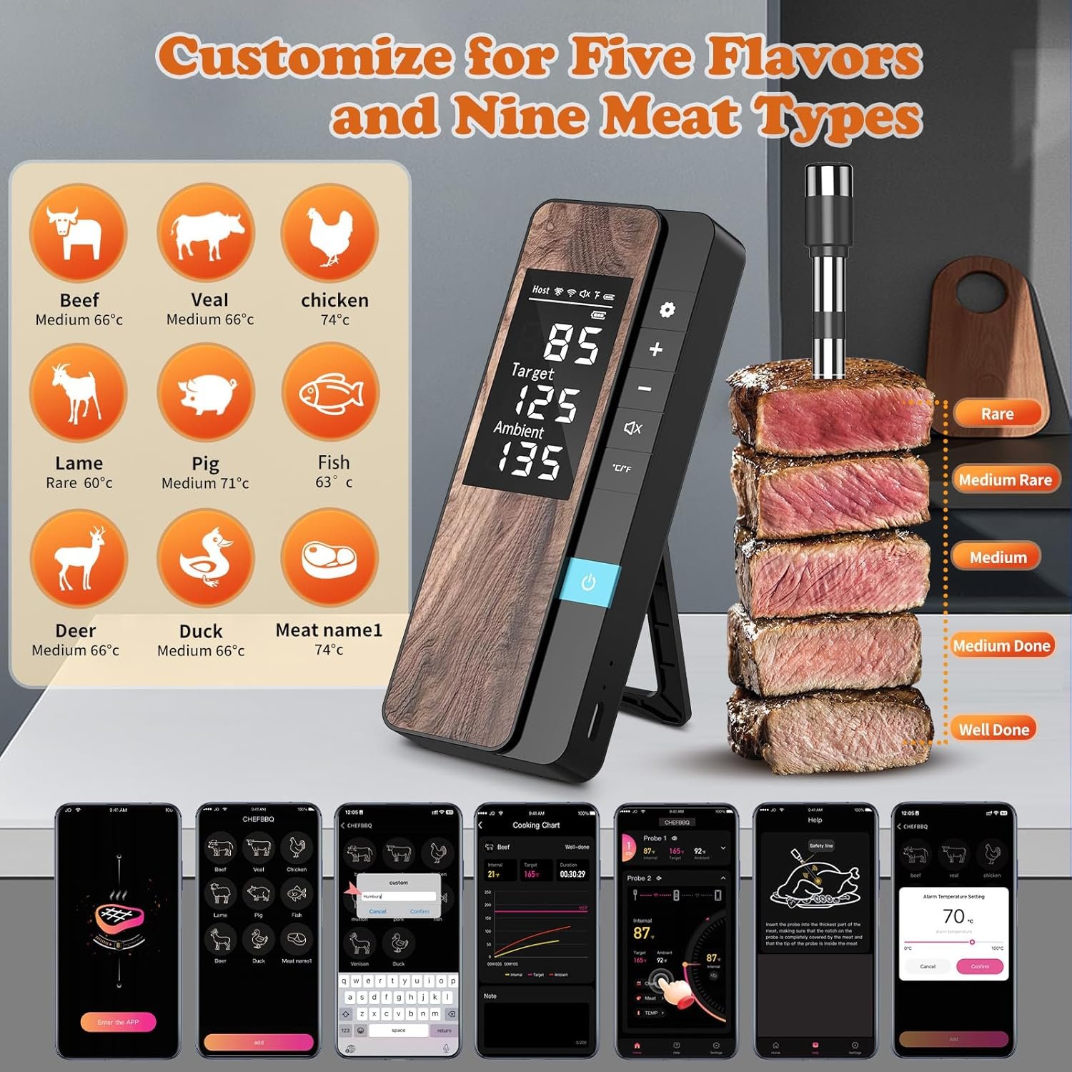 Termómetro inalámbrico para carne, múltiples sensores, termómetro digital para alimentos con sondas ultrafinas, termómetro de carne Bluetooth de precisión para barbacoa - Imagen 11