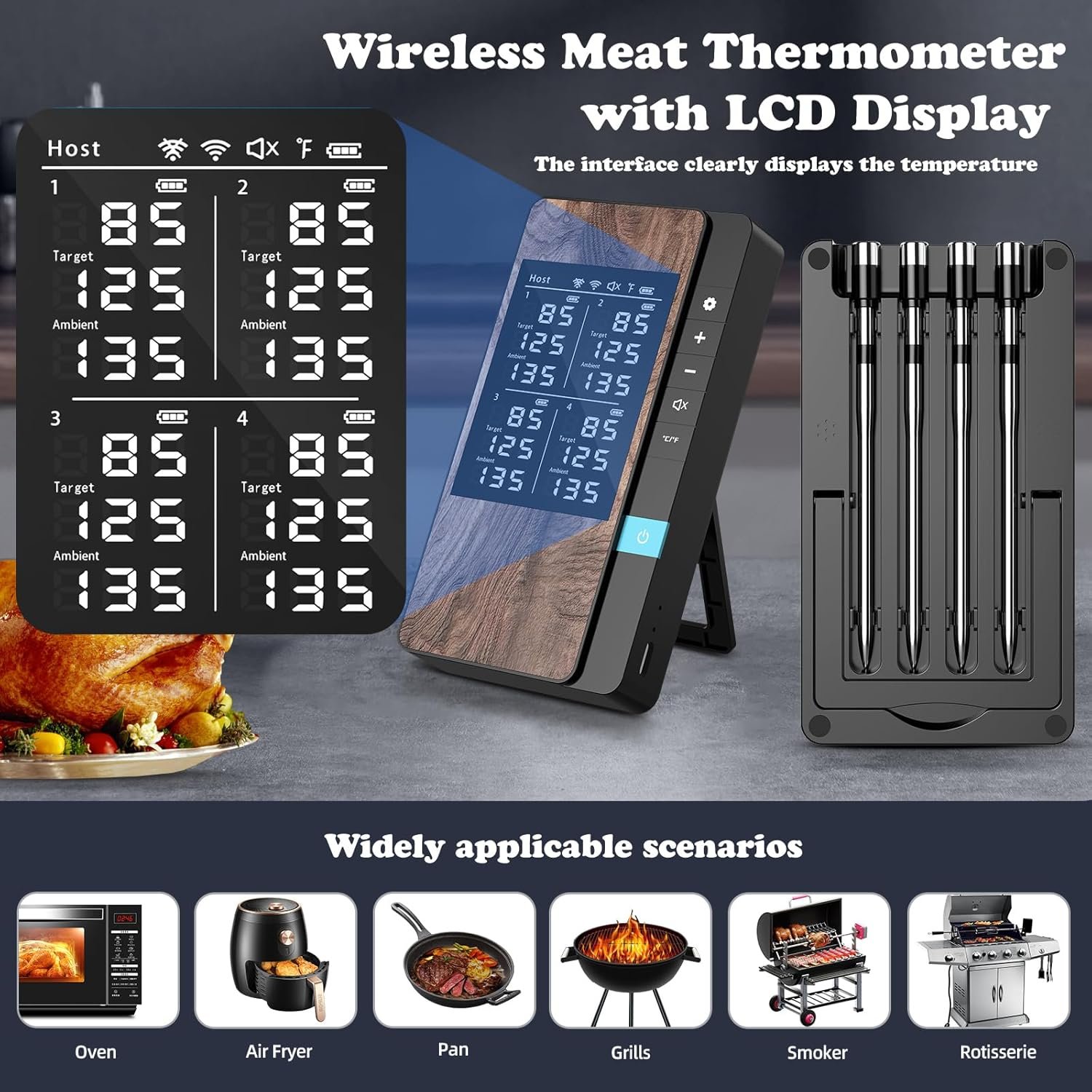 Termómetro inalámbrico para carne, múltiples sensores, termómetro digital para alimentos con sondas ultrafinas, termómetro de carne Bluetooth de precisión para barbacoa - Imagen 14