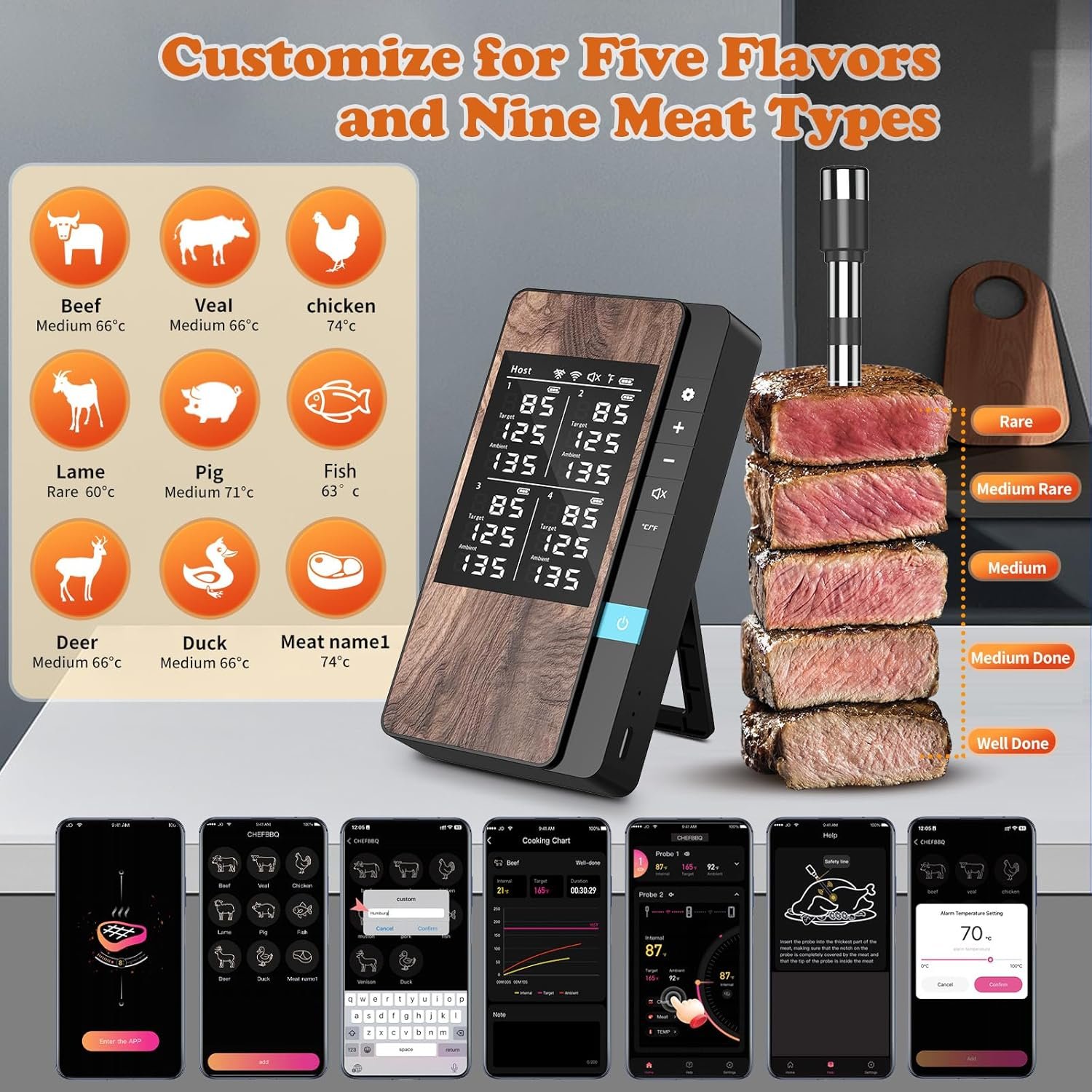 Termómetro inalámbrico para carne, múltiples sensores, termómetro digital para alimentos con sondas ultrafinas, termómetro de carne Bluetooth de precisión para barbacoa - Imagen 17