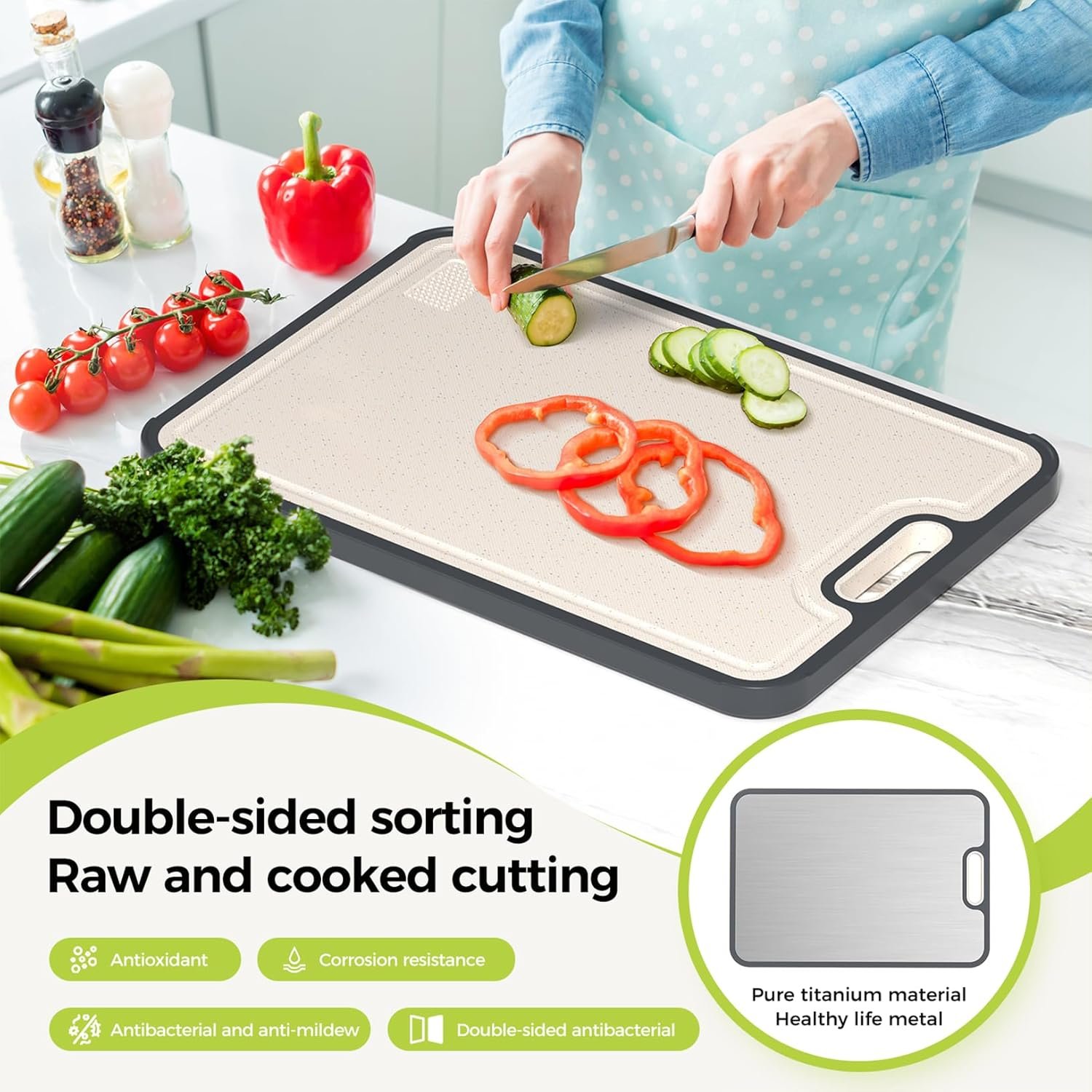 Tabla de cortar de titanio para cocina, tabla de cortar de doble cara de grado alimenticio, titanio puro y paja de trigo PP, apta para lavavajillas, fácil de limpiar, tamaño grande de 16 x 11 pulgadas - Imagen 3
