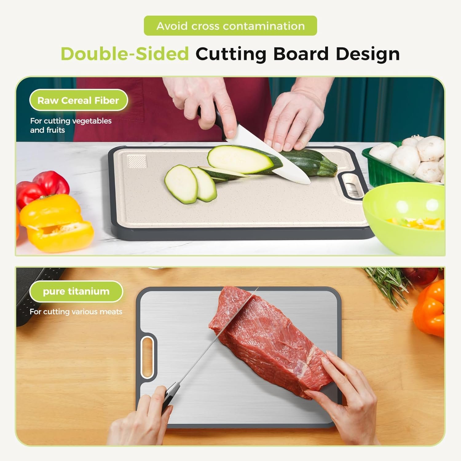 Tabla de cortar de titanio para cocina, tabla de cortar de doble cara de grado alimenticio, titanio puro y paja de trigo PP, apta para lavavajillas, fácil de limpiar, tamaño grande de 16 x 11 pulgadas - Imagen 5